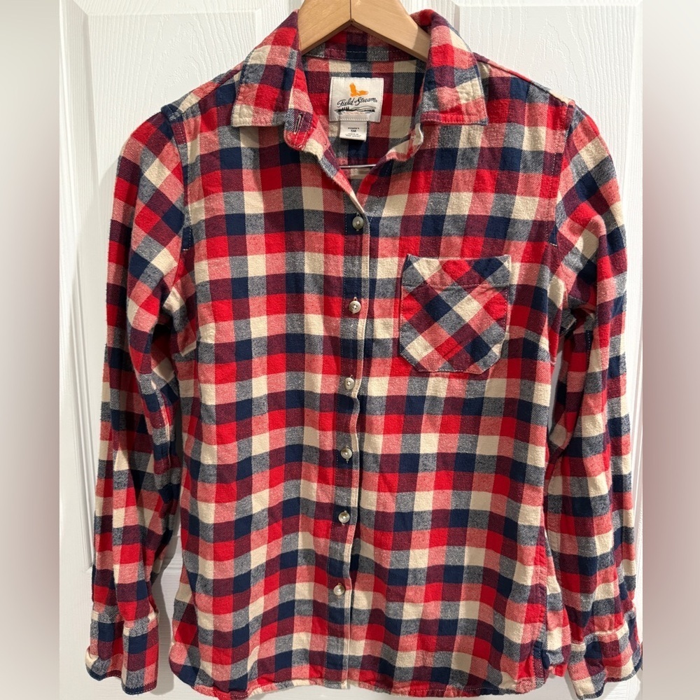 Field & Stream Red and Blue Casual Button Down Flannel Shirt 100% Cotton